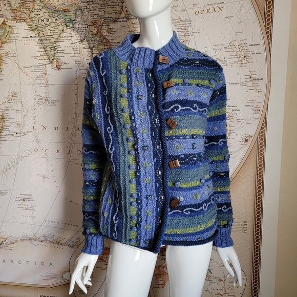 Newari Sweaters - Newari hand knit wool blue cardigan buttons Icelandic Design cozy artsy NWT S/M